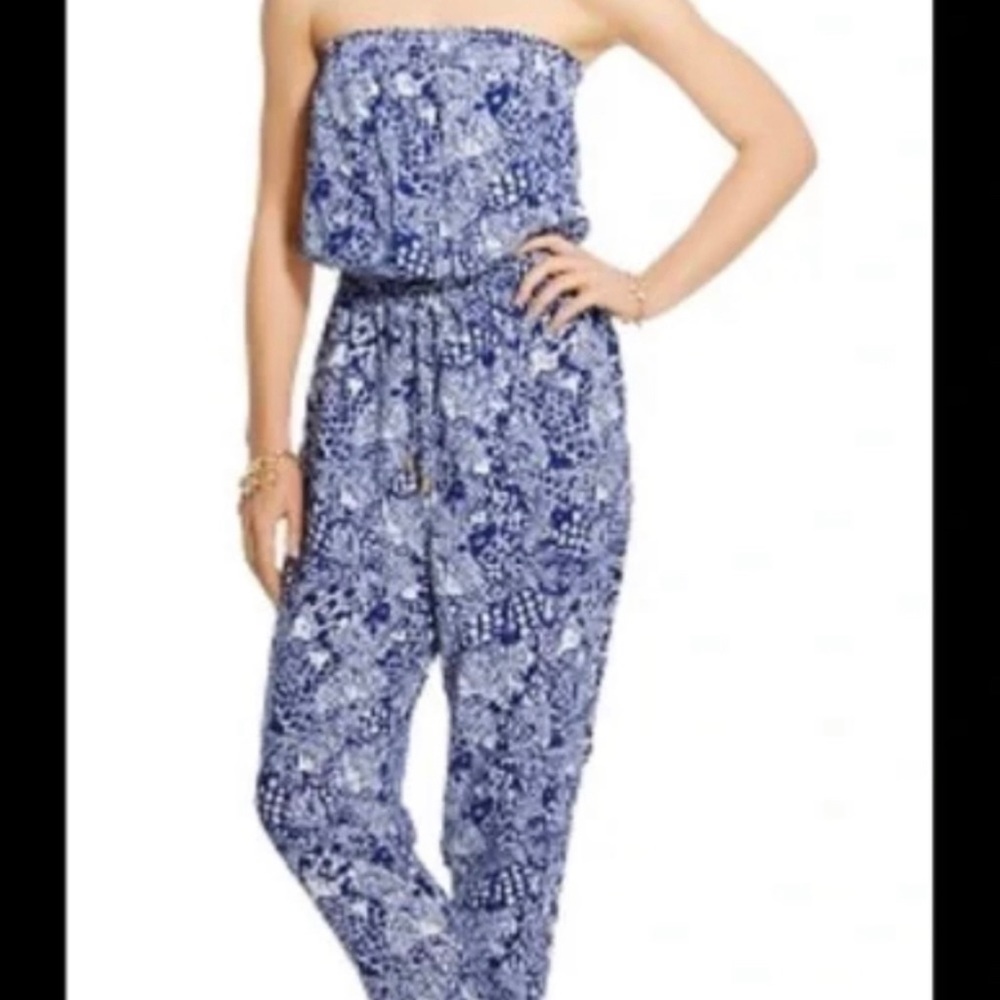 Lilly Pulitzer Upstream Strapless Jumpsuit Fish Print Elastic Waist XXL …